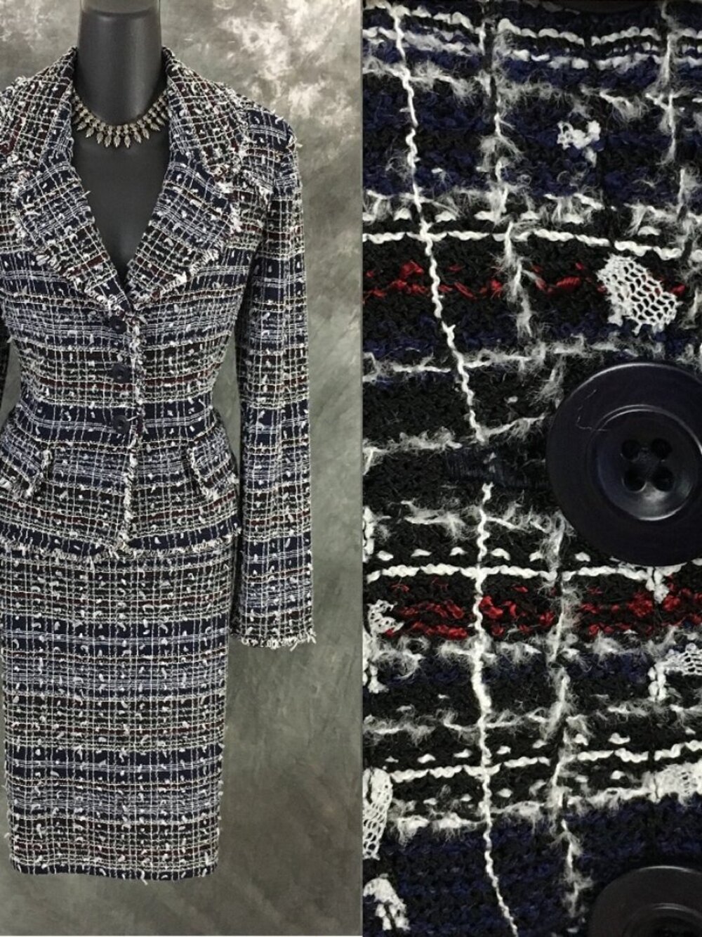 NWT NEW BEAUTIFUL St John Couture knit Blue white fringe jacket skirt suit 8